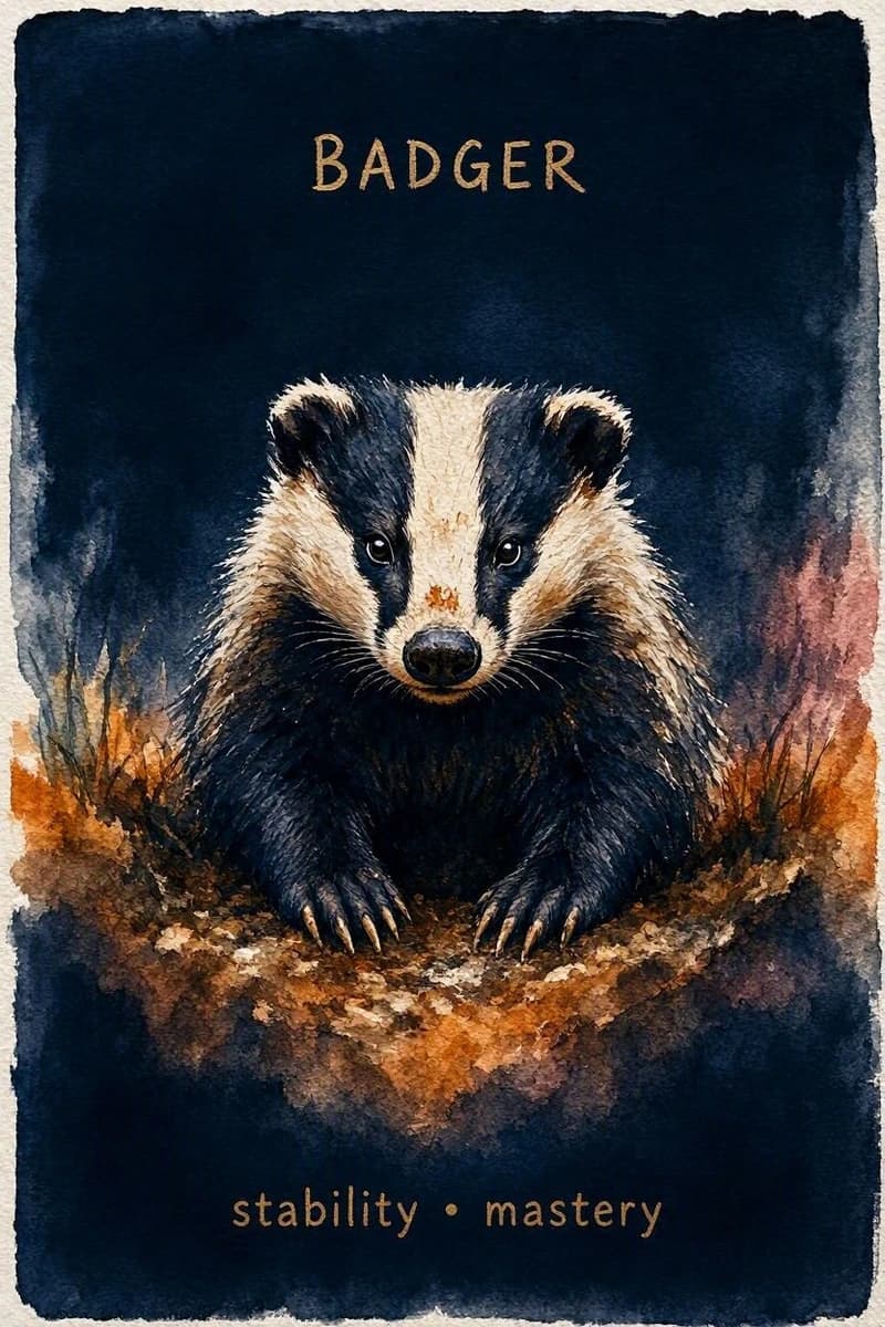 Badger. Watercolour plate: badger half-emerged from a sett, forepaws planted, earth on its muzzle.