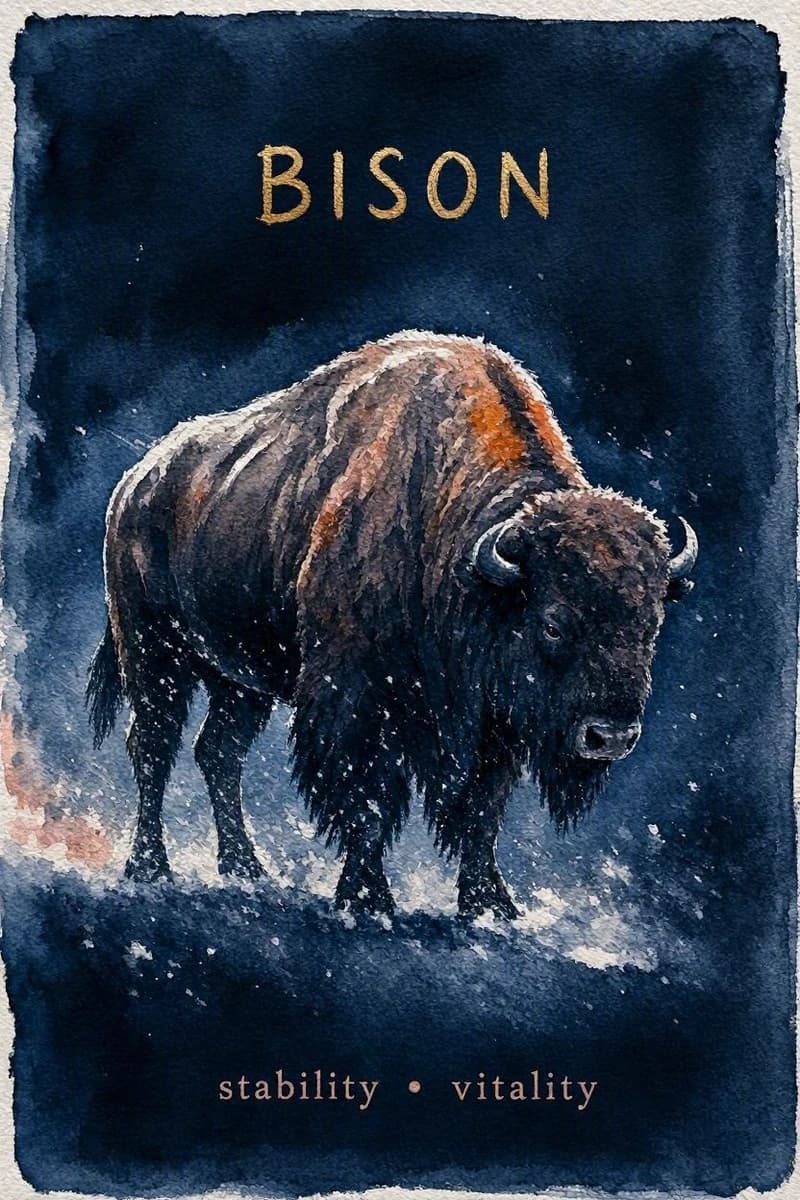Bison. Watercolour plate: bison standing head-down into driving snow, shoulders massive, unmoving.